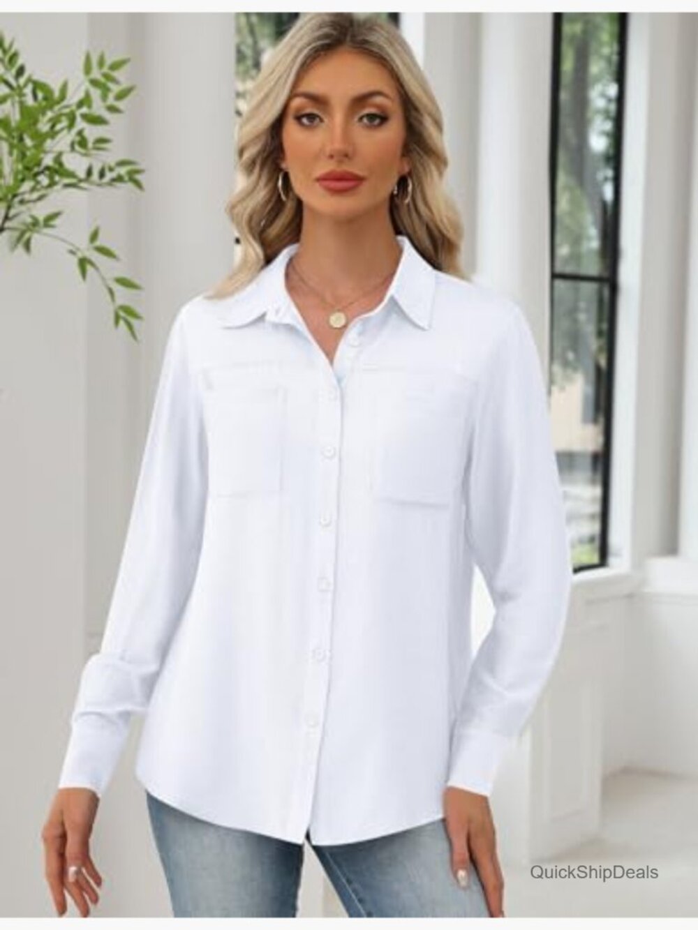 Striped Linen Button Down Shirt Long Sleeve Blouse with Pockets - Picture 3 of 7